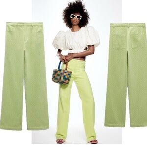 Zara lime green gingham checkered straight leg high waisted pants Sz S NWOT